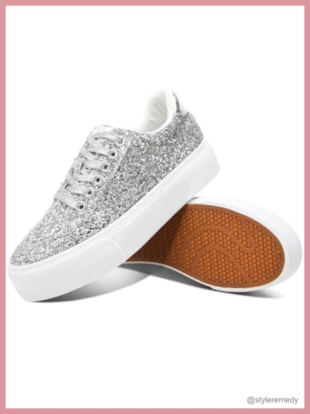 Glitter Platform Sneakers Rubber Sole Lace-Up Casual Walking Shoes
